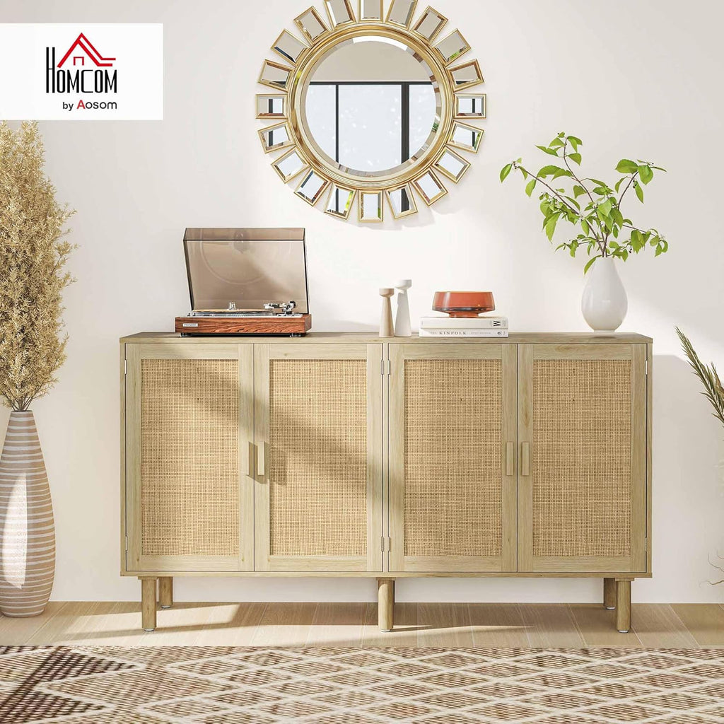 Sideboard Buffet Cabinet, 62" Boho Buffet Table, Rattan Coffee Bar Cabinet with 4 Doors and Shelves for Kitchen