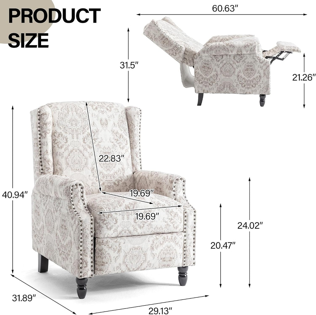 Wingback Floral Pushback Recliner Chair, Beige, Set of 1 | Cotton Linen Fabric | High-Density Foam Seat | Solid Wood