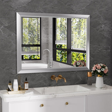 Bathroom Mirror for Wall 40x30 Inch, Brushed Silver Metal Framed