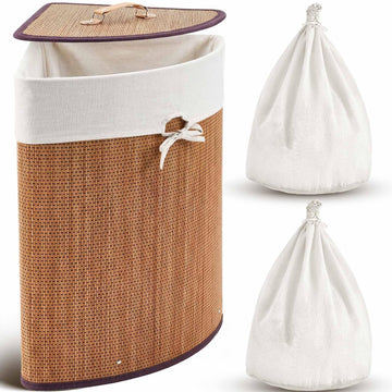 Corner Bamboo Laundry Hamper with Lid, Natural Brown, Woven