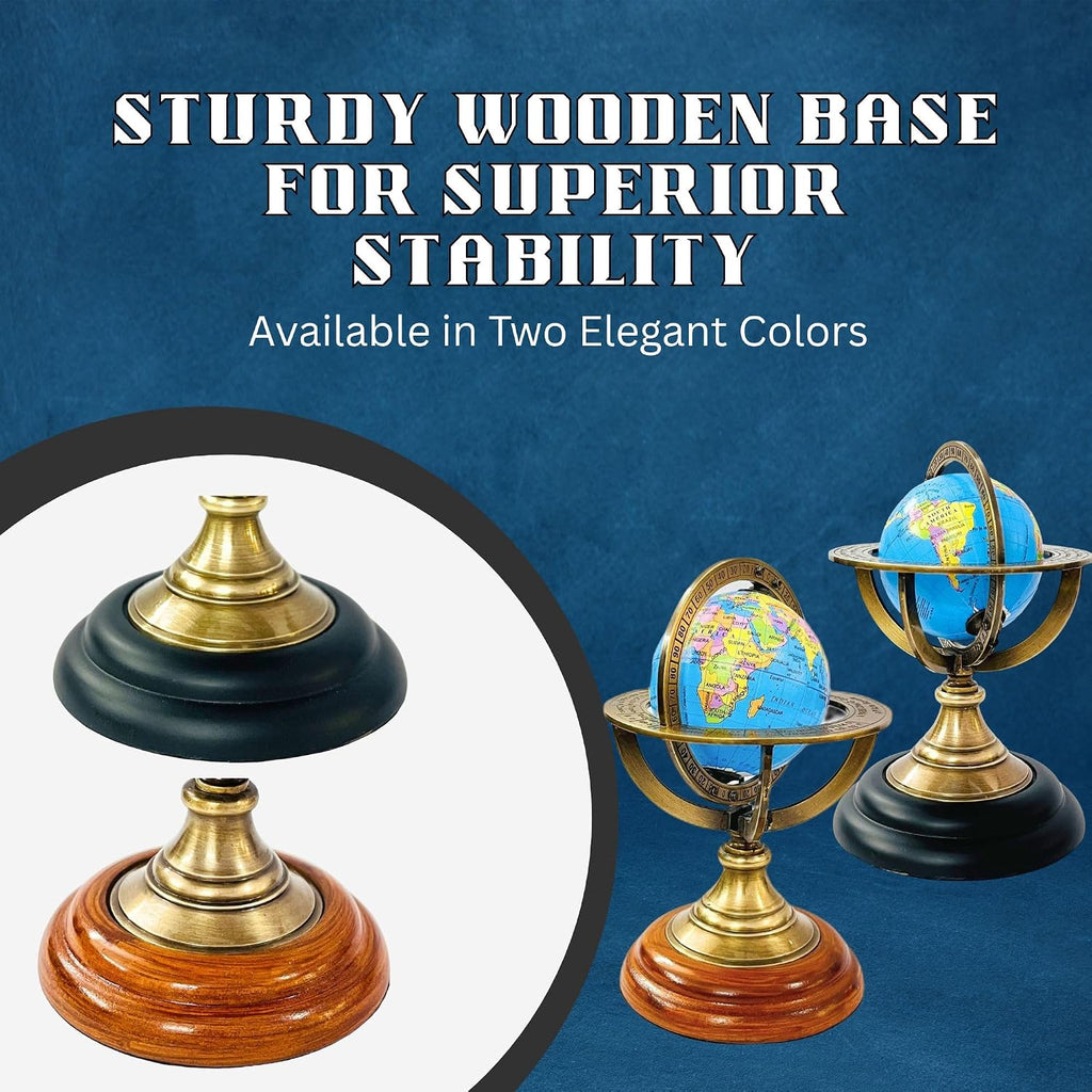 5.10" Nautical Brass Armillary Sphere World Globe with Aqua Blue Map, Brown Wooden Base - Elegant, Durable Decor or