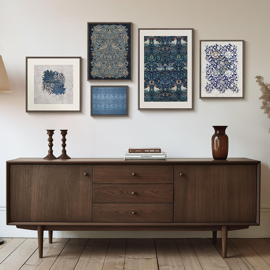 Framed William Morris Wall Art , 5 Piece Large Vintage Blue Canvas Prints Set, Floral Botanical and Bird Pattern
