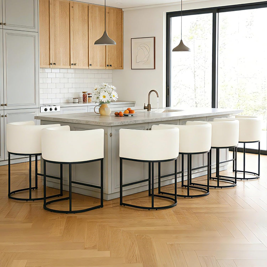 26" H Counter Height Bar Stools Set of 3, Modern Barrel Counter Chairs with Backrest and Arms, Faux Leather