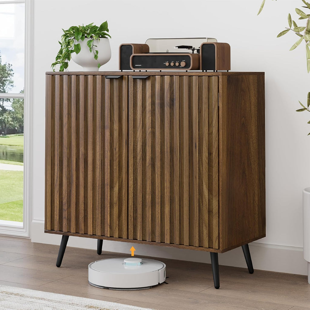 Fluted Sideboard Cabinet, Freestanding Walnut Buffet Cabinet with Adjustable Shelf, Wood Storage Cabinet