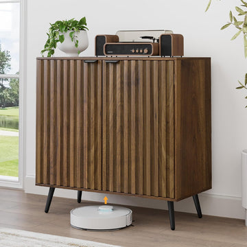 Fluted Sideboard Cabinet, Freestanding Walnut Buffet Cabinet with Adjustable Shelf, Wood Storage Cabinet