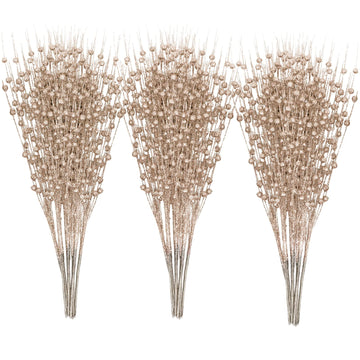 24 PCS Artificial Glitter Holly Berry Stem Ornaments, Champagne