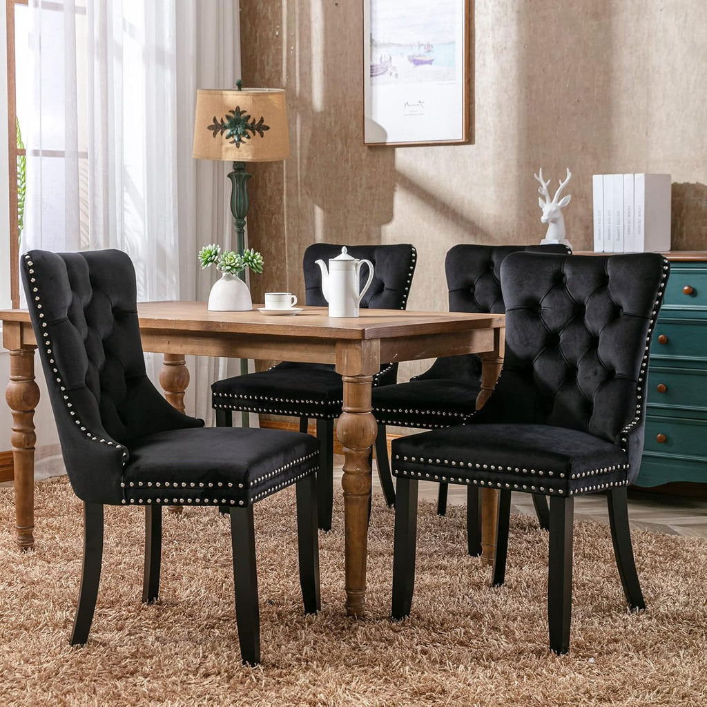 Black Velvet Dining Chairs Set of 4, Kitchen & Dining Room Chairs, Four Fabric Tufted Dinning Chairs