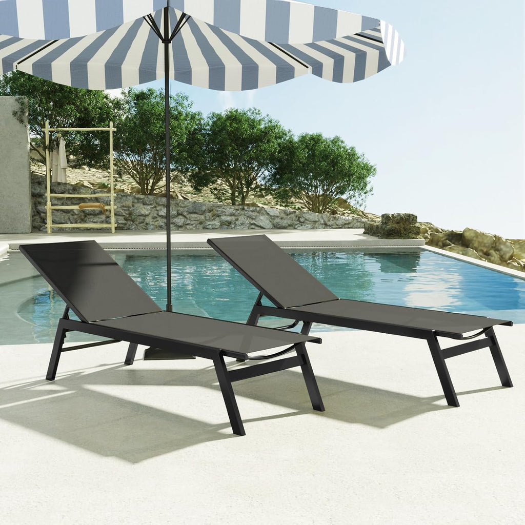 Aluminum Outdoor Chaise Lounge Set of 2,Patio Breathable Textilene Lounge Chairs,Sunbathing Recliner w/5 Adjustable