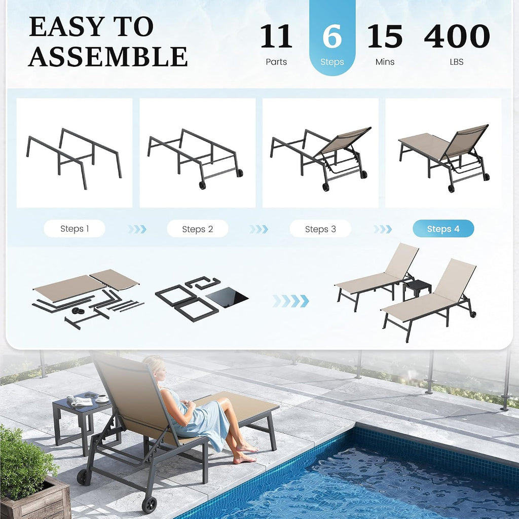 3 Piece Outdoor Lounge Chair Set 2 Patio Chaise Lounges with Wheels | w/Side Table Adjustable 5-Position Reclining