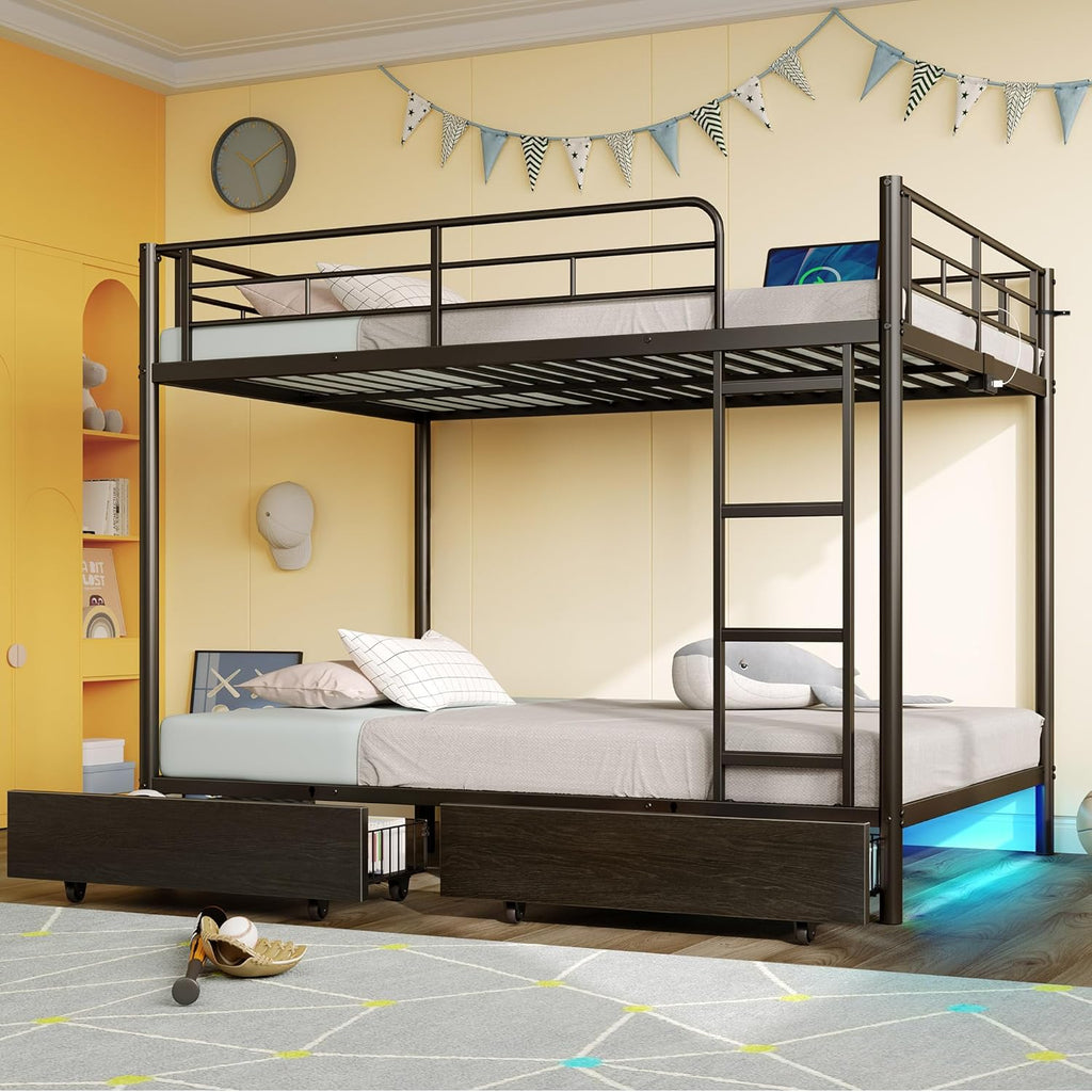 Metal Bunk Bed Full Over Full with USB Charging Station, LED Bunk Bed with 2 Storage Drawers