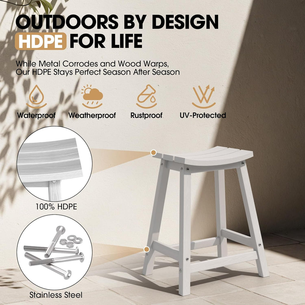 2 Set 24" Outdoor Bar Stools Heavy Duty HDPE Counter Height Bar Stools Weatherproof Patio Seats Modern Waterproof