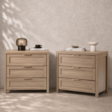 Nightstands Set of 2, 3 Drawer Bedside Table, Weathered Oak