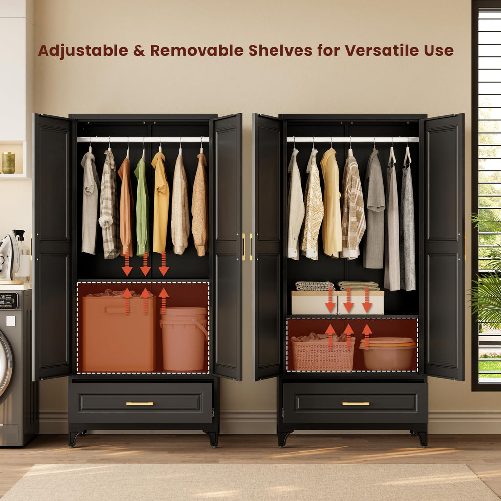 71" Tall Wardrobe Closet with Doors and Adjustable Shelves, Black