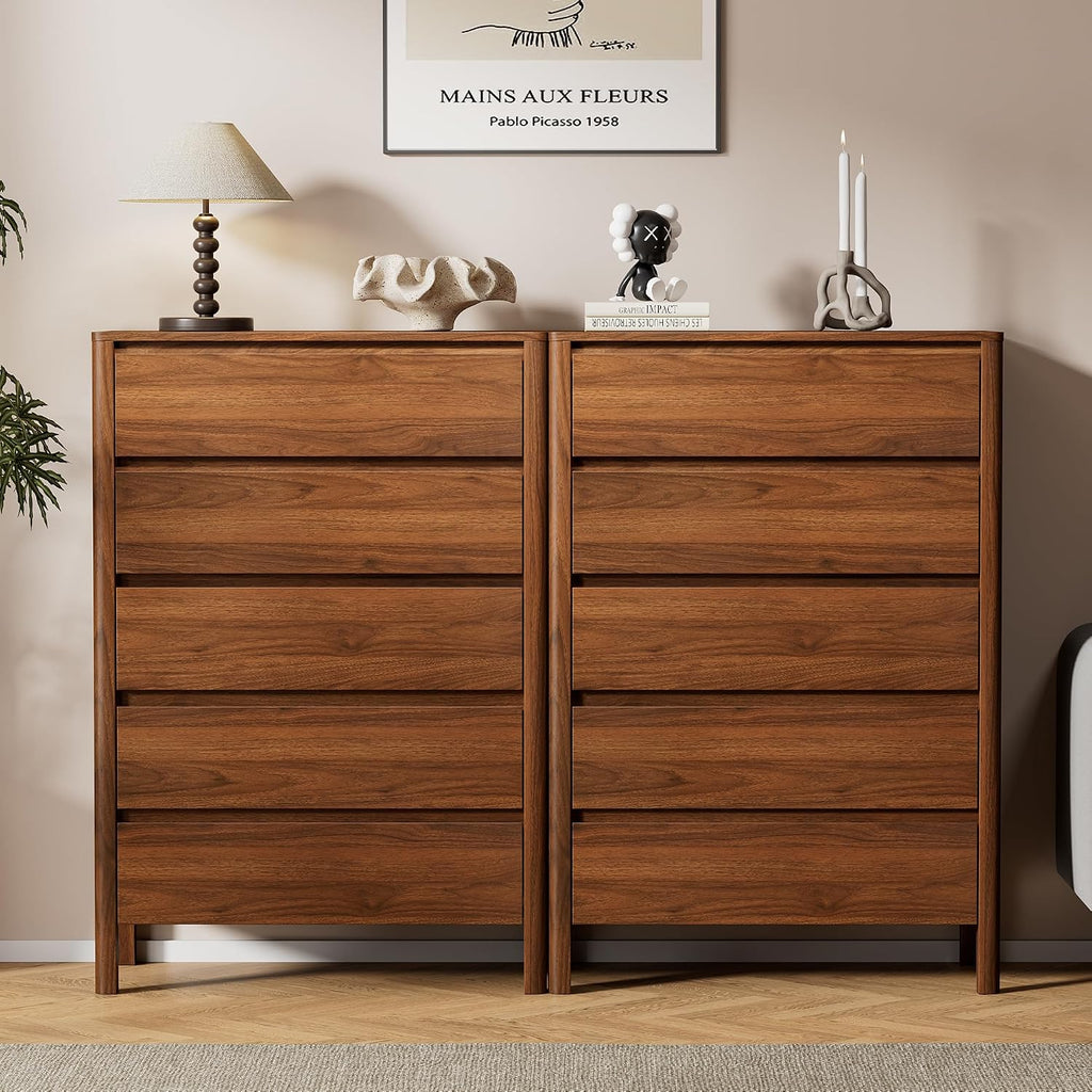 Walnut Dresser , 5 Drawer Dresser with Wood Legs, Tall Wood Dresser, Mid Century Modern Chest of Drawers, Large