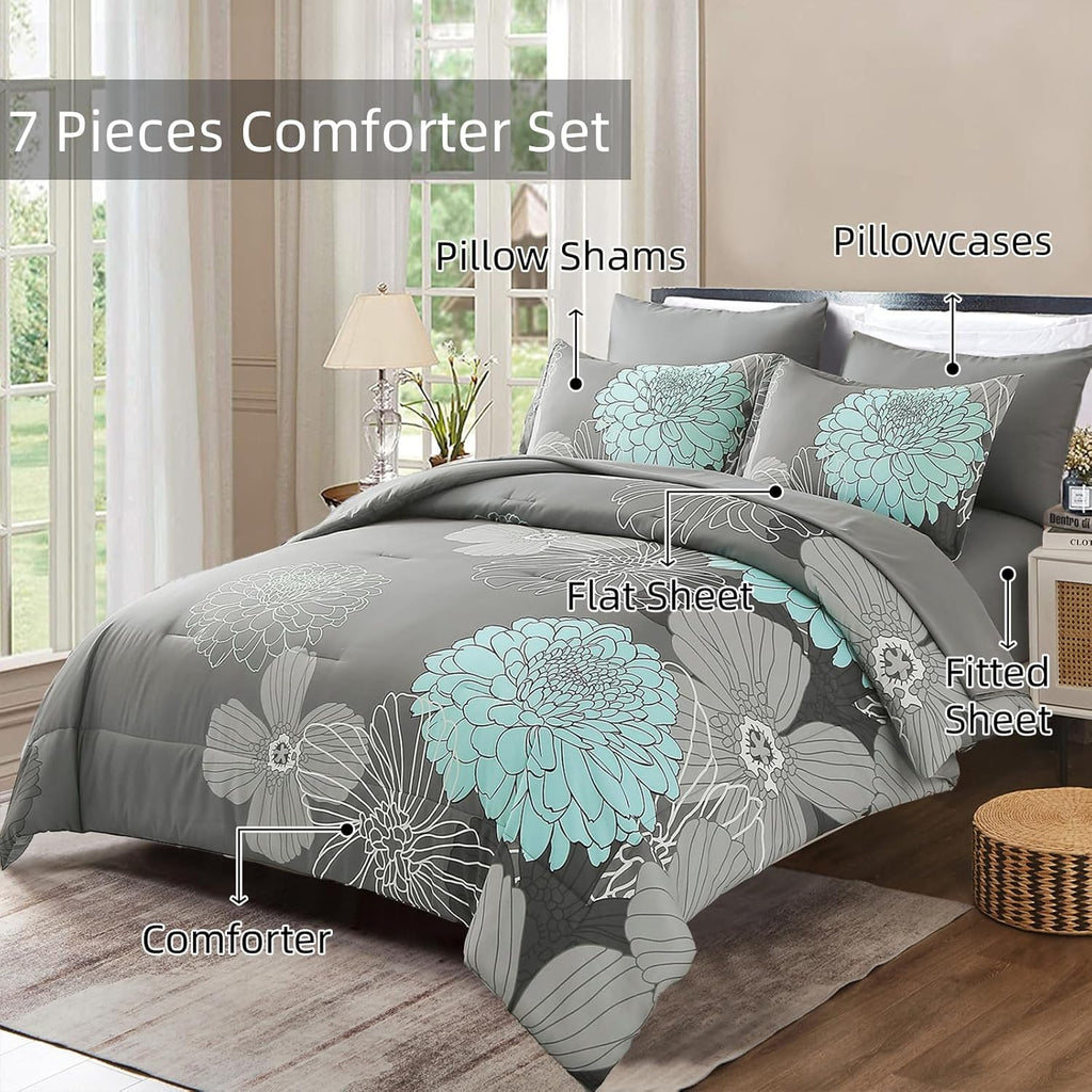 7 Pieces Bed in a Bag Floral Comforter Set Queen Flowers Bedding Set Soft Microfiber Boho Comforter Sets with 1