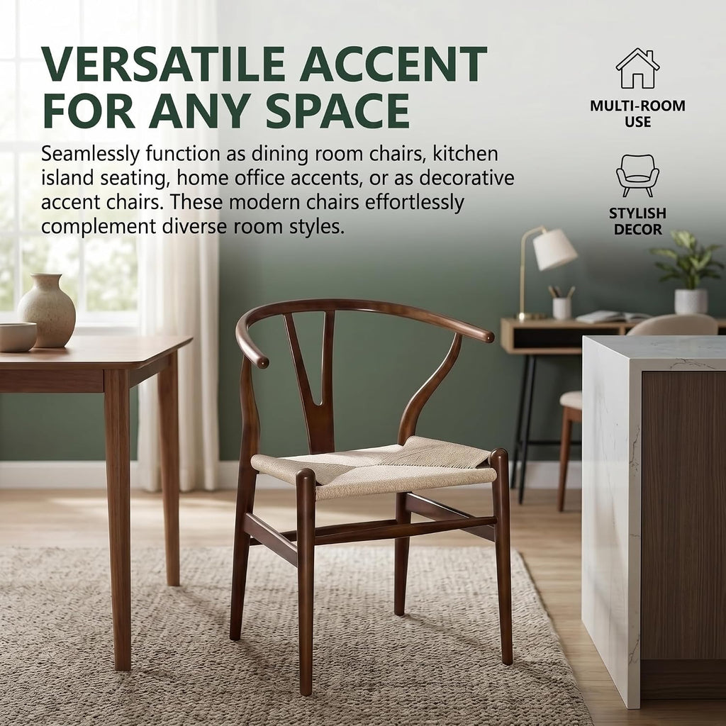 Wishbone Chair, Weave Solid Wood Mid-Century Modern Y Shaped Backrest Dining Chair (Walnut Set of 2)