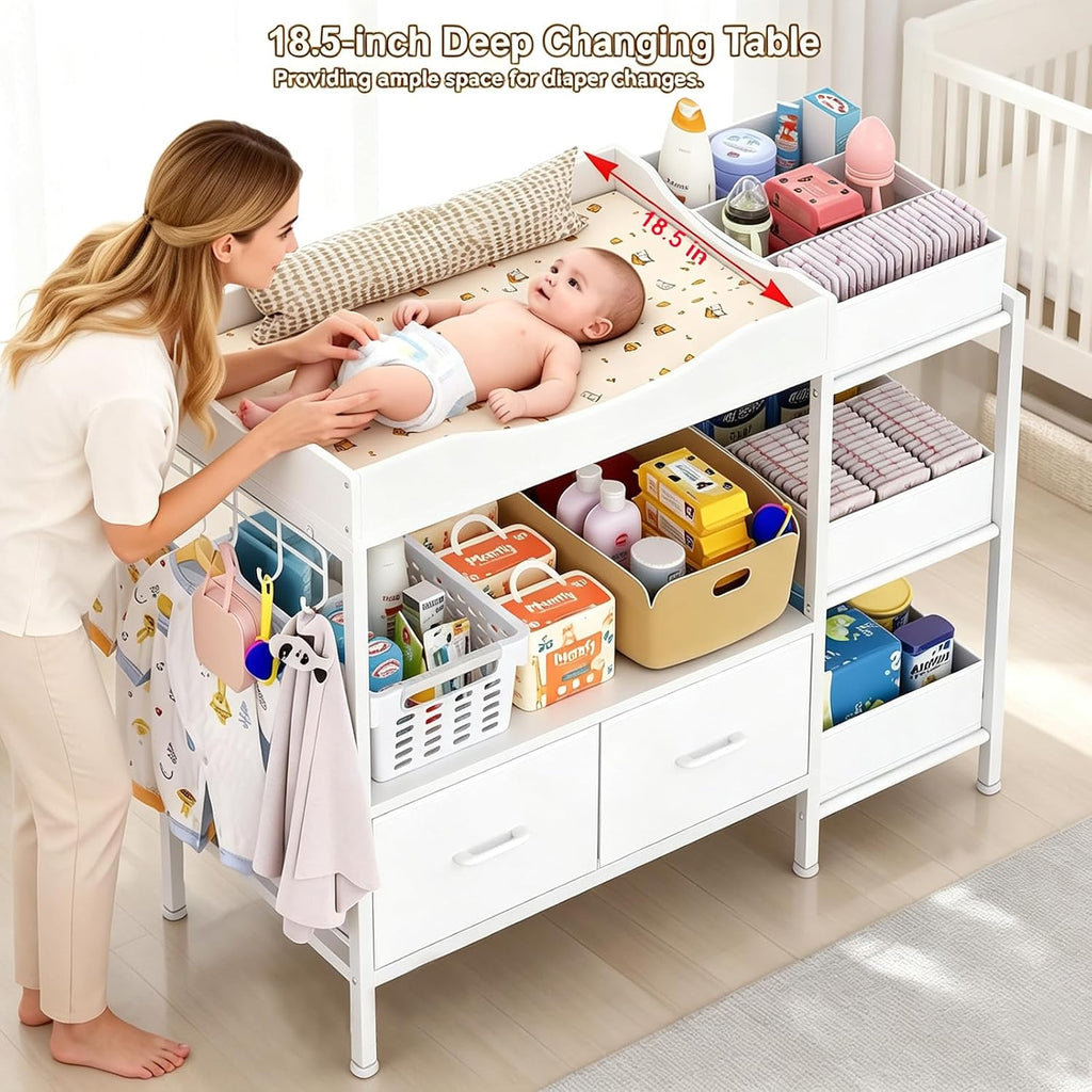 Baby Changing Table with Storage,Heavy-Duty Diaper Changing Station, White Nursery Dresser Organizer with 2 Large