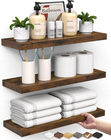 Rustic Brown Bathroom Floating Shelves, 15.7in, 3Pk, Wall Mount Shelf | 22lbs Max Load, Hidden Bracket, Bedroom
