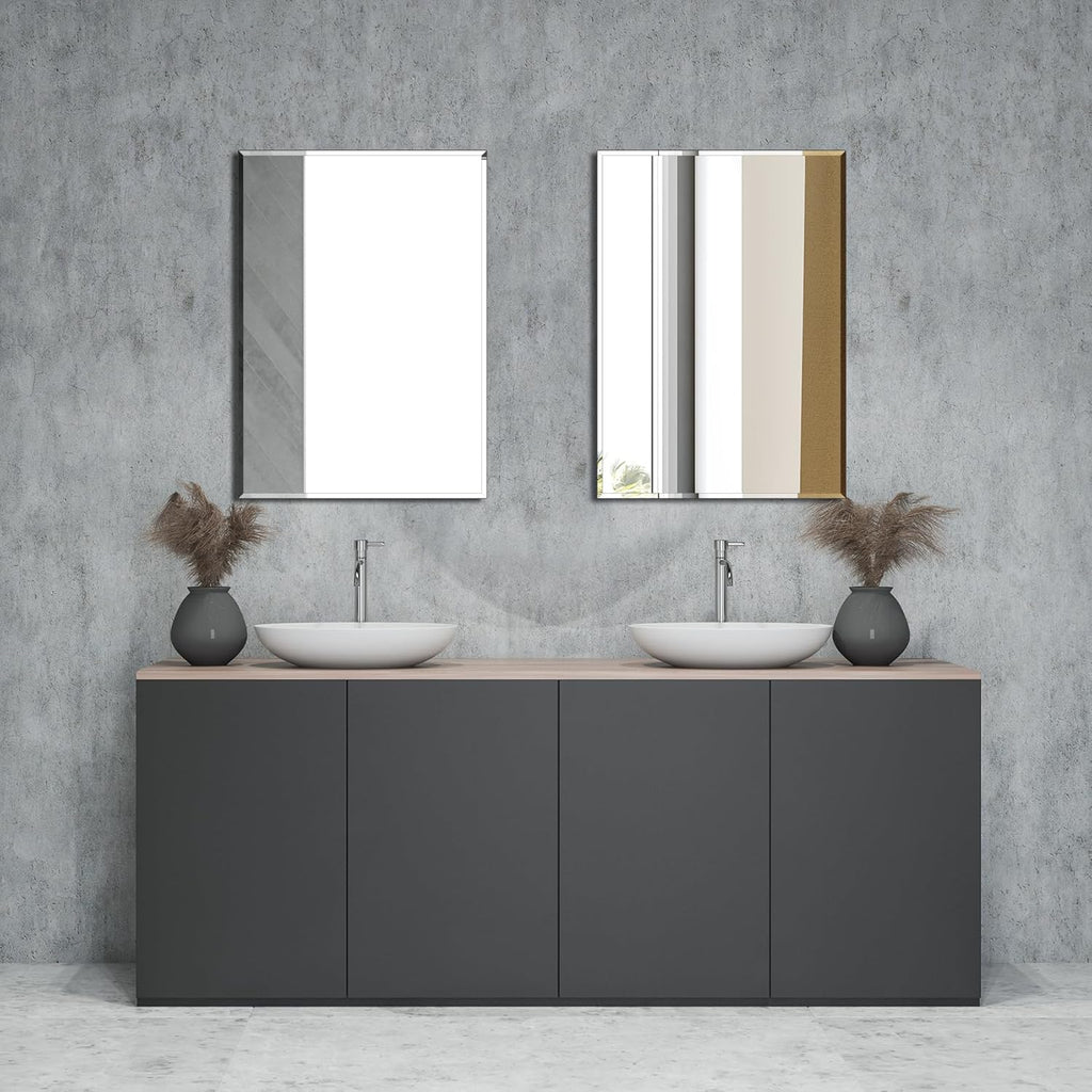 Frameless Bathroom Mirror for Wall, Rectangle Beveled Edge Mirror for Over Sink, Tempered Glass, Shatterproof, Hangs