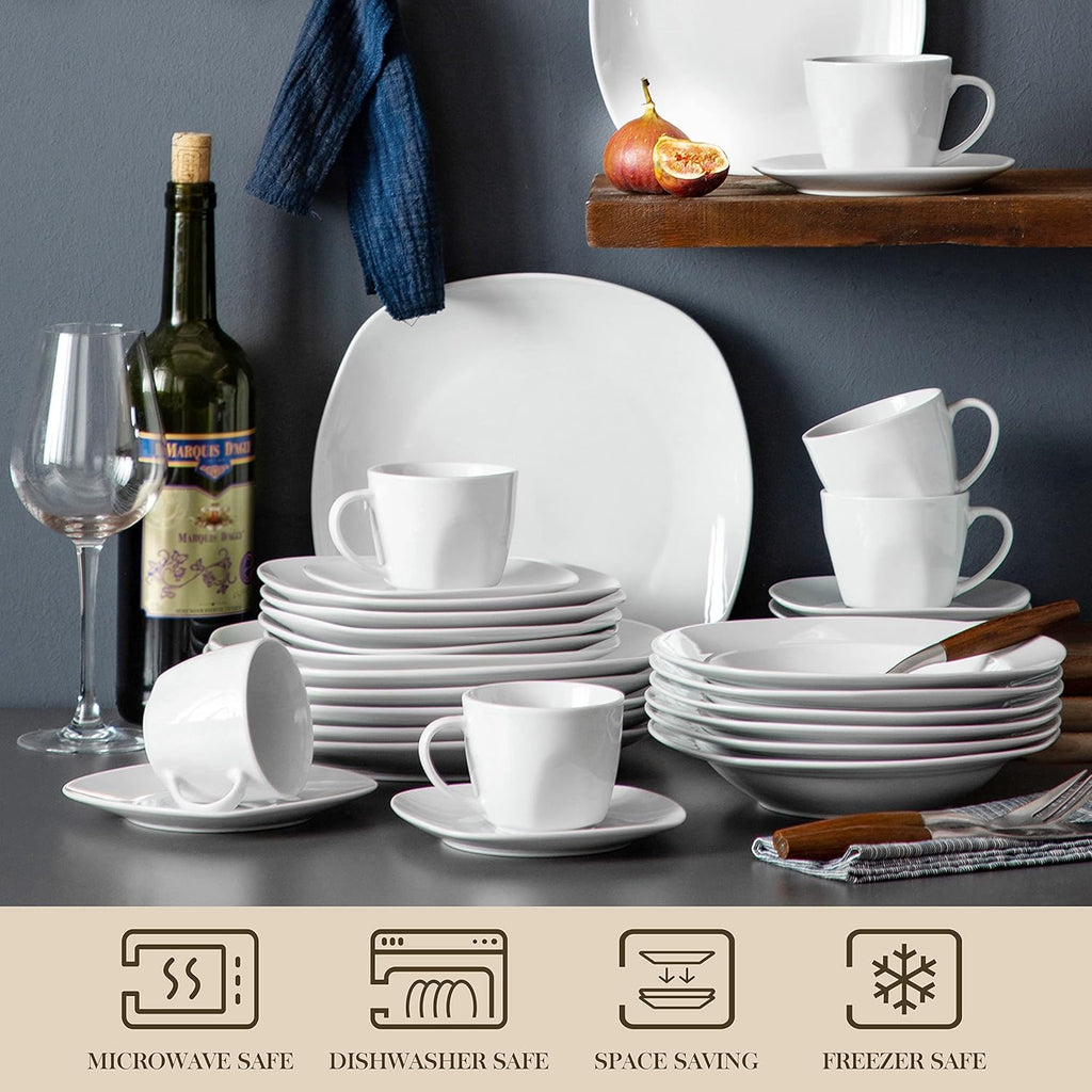 30 Piece Porcelain Dinnerware Set, Grey White Dish Set for 6, Square Ceramic Dishware Sets