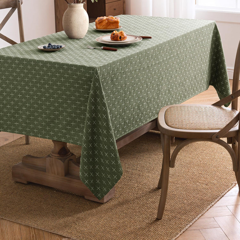 Olive Green Linen Table Cloth Rectangle Tablecloth Waterproof Spring Spillproof Cross-Star Textured 