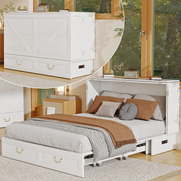 Solid Wood Murphy Bed Cabinet:Queen Size Murphy Bed with USB Charging Station and Large Storage Drawer, Optimize