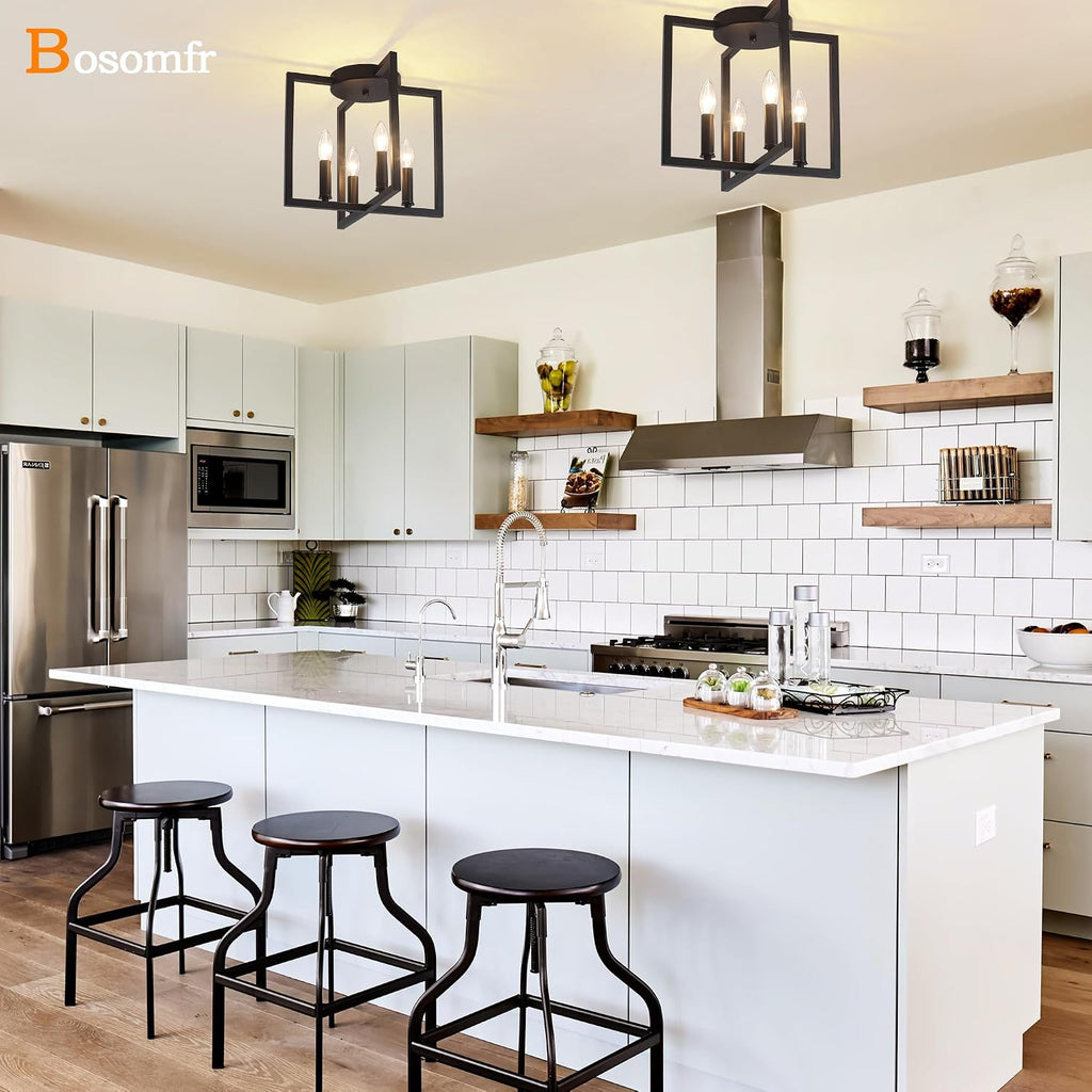 Semi Flush Mount 4-Light Black Ceiling Light, Modern Farmhouse Industrial Light with Geometric Metal Shade, Kitchen