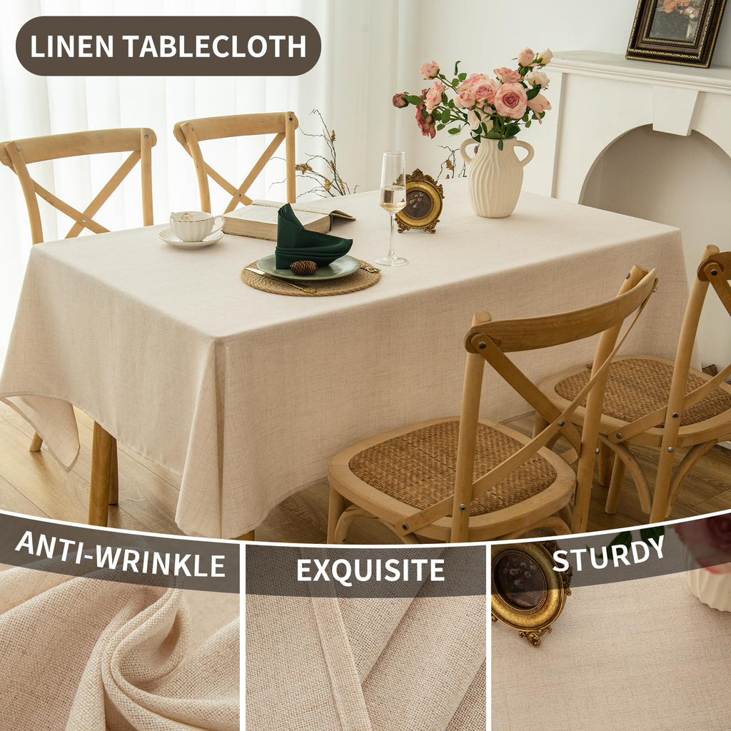 Natural Linen Rectangle Tablecloth, Slubby Textured Fall Lightweight Table Cloth 52 x 108 Inch, Water Resistant Stain