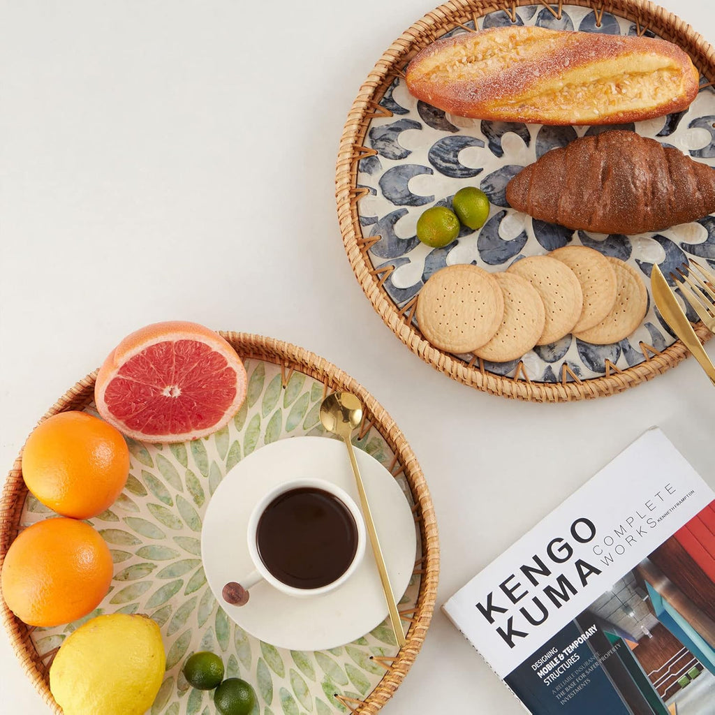 Round Rattan Tray with Mother of Pearl Inlay, Rattan Serving Tray with Wooden Base, Decorative Wicker Basket for