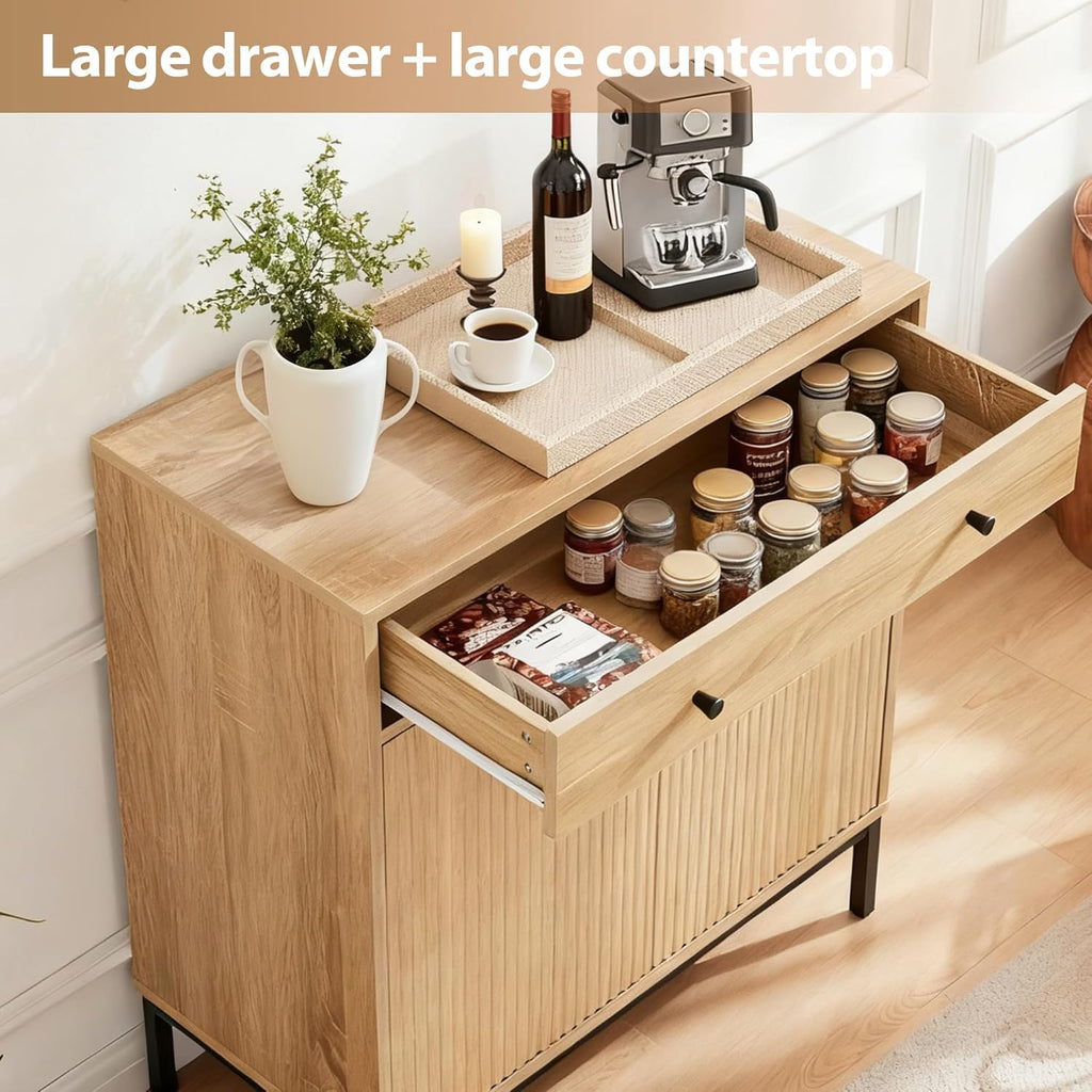 31 inch Sideboard Buffet Cabinet with Drawer, Modern Fluted Credenza with 2 Doors & Adjustable Shelf