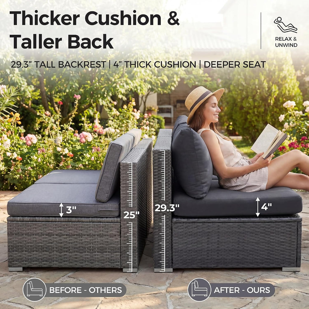8 Seater Modern Luxury Outdoor Furniture Set, Extra Large PE Wicker Patio Modular Sectional Sofa with Ottoman, 29.3''