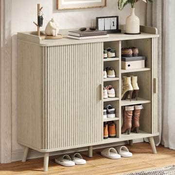 Shoe Cabinet with Sliding Door, 5-Tier Hidden Shoe Rack White