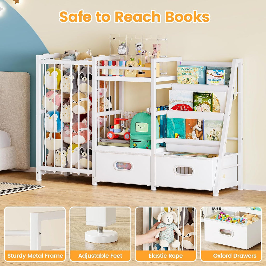 Kids Bookshelf and Toy Storage Organizer with Drawers, 49.3"W×11.8"Dx30.3"H | 3-Tier Book Shelves, 2 Drawers, Stuffed