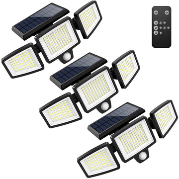 Solar Outdoor Lights 210 LED Security Lights with Remote Control, 3 Heads Motion Sensor Lights, IP65