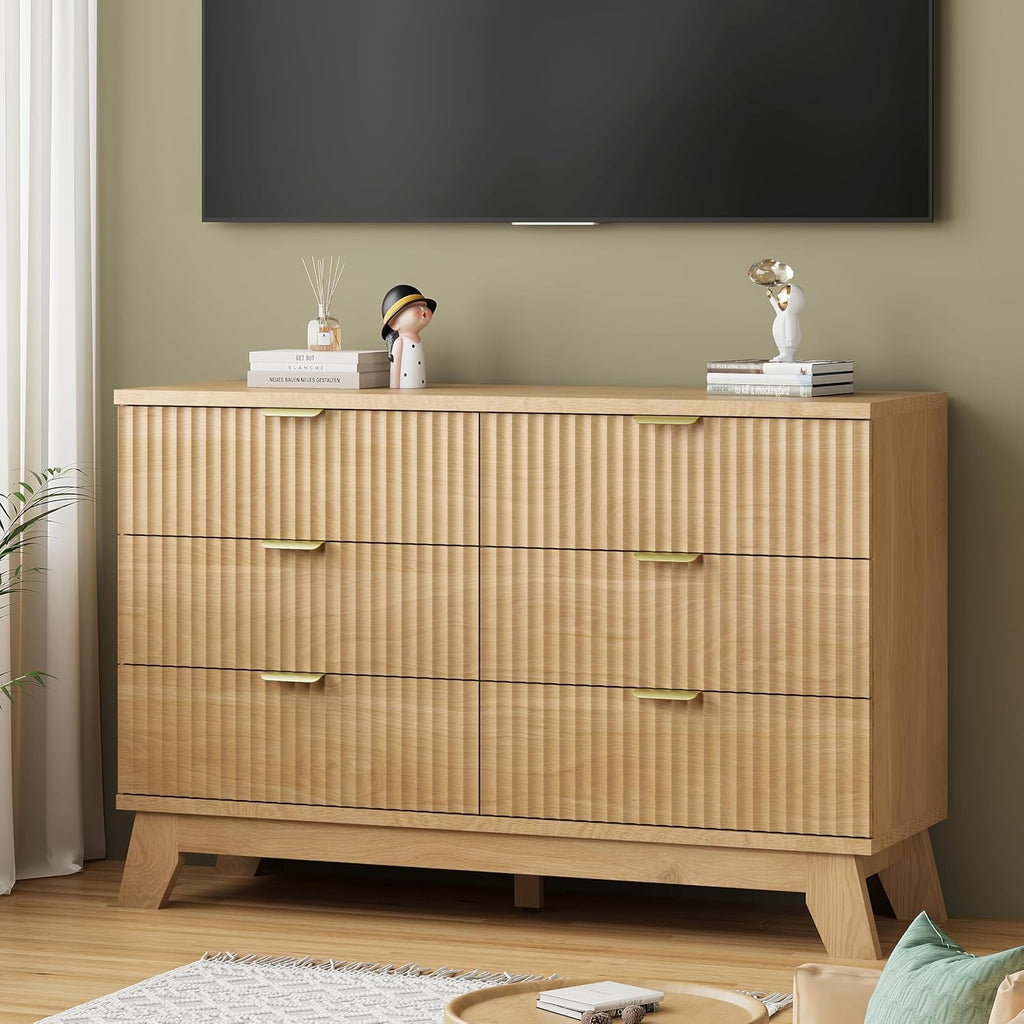 Fluted Dresser with 6 Drawers, 48" Wide Modern Chest of Drawers with Metal Handle, Wooden Dresser TV Stand, Wood