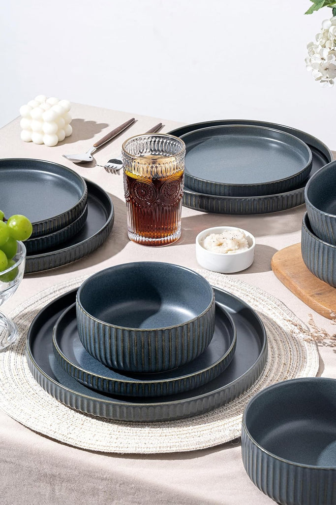 24 Piece Starry Blue Ceramic Dish Set,Plates and Bowls Set for 8,Dinnerware Sets for Hosting
