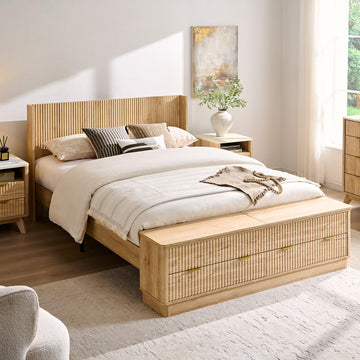 Fluted Queen Bed with Headboard and Storage Bench, Natural Oak