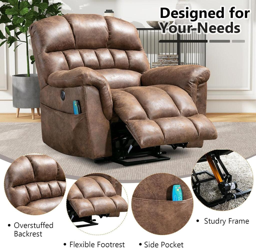 Oversized Power Lift Recliner with Massage and Heat for Elderly, Faux Leather Electric Lifting Reclining Chair with
