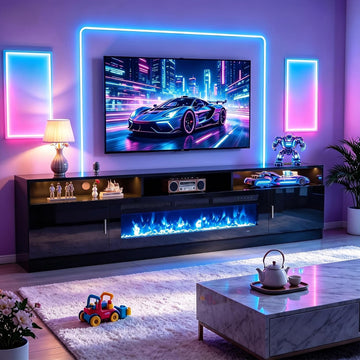 80" Fireplace TV Stand with Power Outlet for TVs UP to 90", Electric Fireplace Entertainment Center with LED Lights & Storage Cabinets, TV Console for Living Room, Office, Black-Black