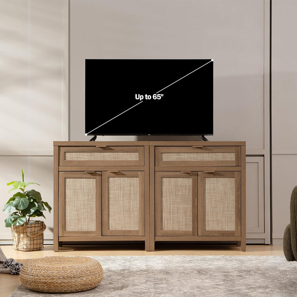 Sideboard Buffet Cabinet Set of 2, Rattan Credenza Storage Cabinet, Boho Buffet Table Console Cabinets with Drawer