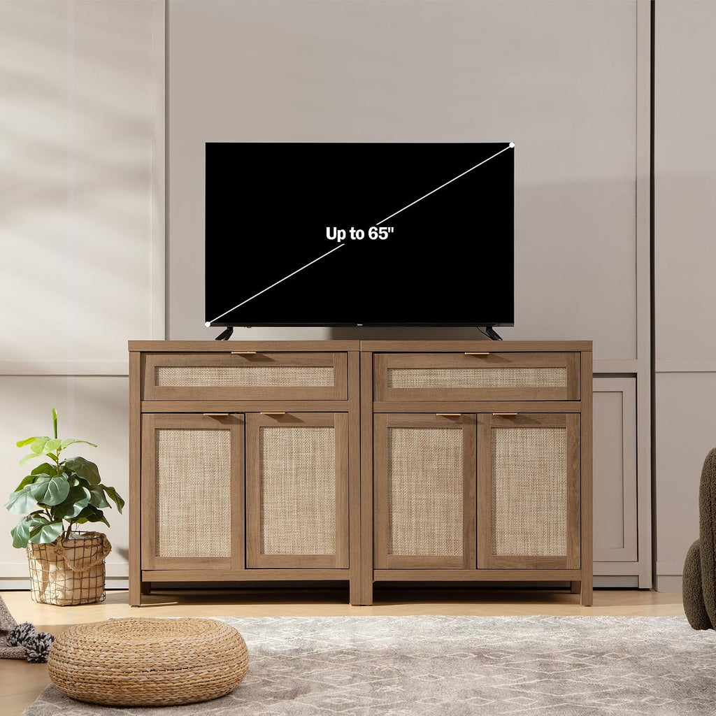 Buffet Cabinet Sideboard with Storage, Rattan Accent Cabinet | 2 Doors, a Drawer, Boho Credenzas Farmhouse Buffet