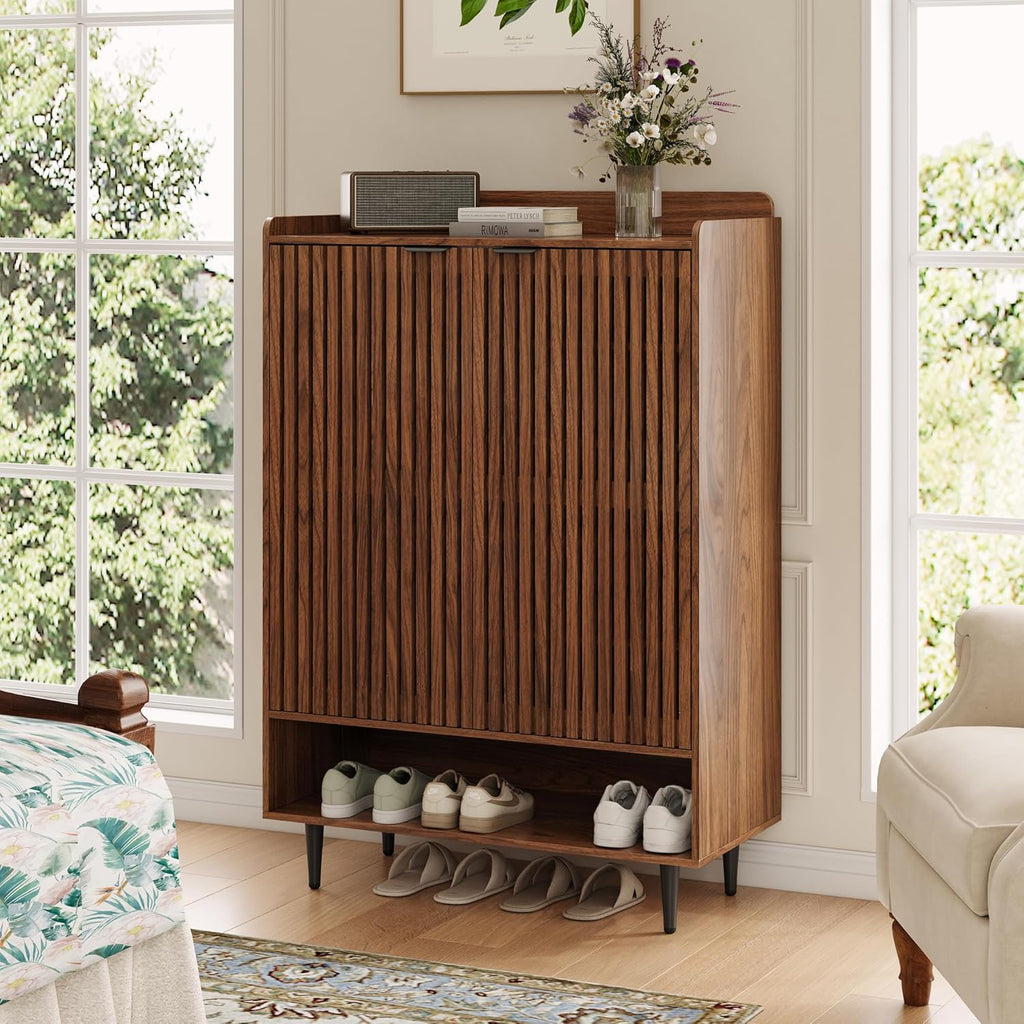 Shoe Cabinet with 2 Doors , 21 Pairs Wooden Shoe Storage Cabinet with Adjustable Shelves, Farmhouse Hidden Shoe