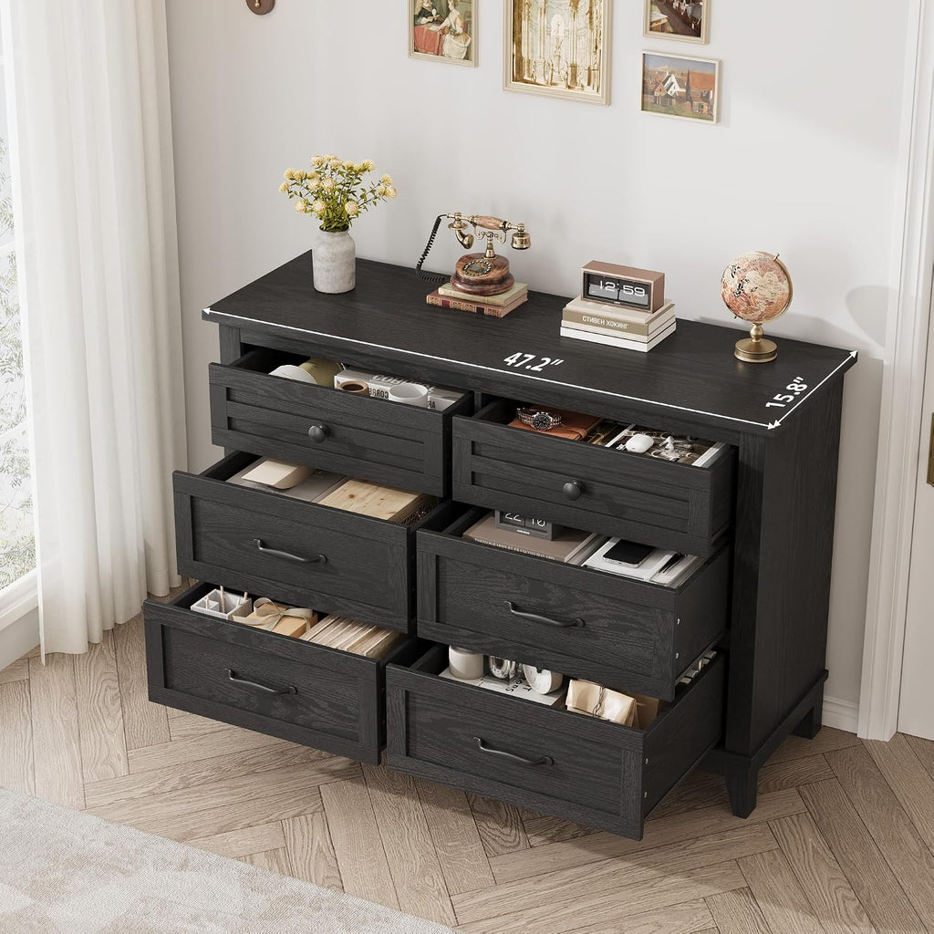 6 Dresser , 47 in Wide Drawer Dresser with Storage Freestanding, Wooden Closet Storage Chest , Dark Black