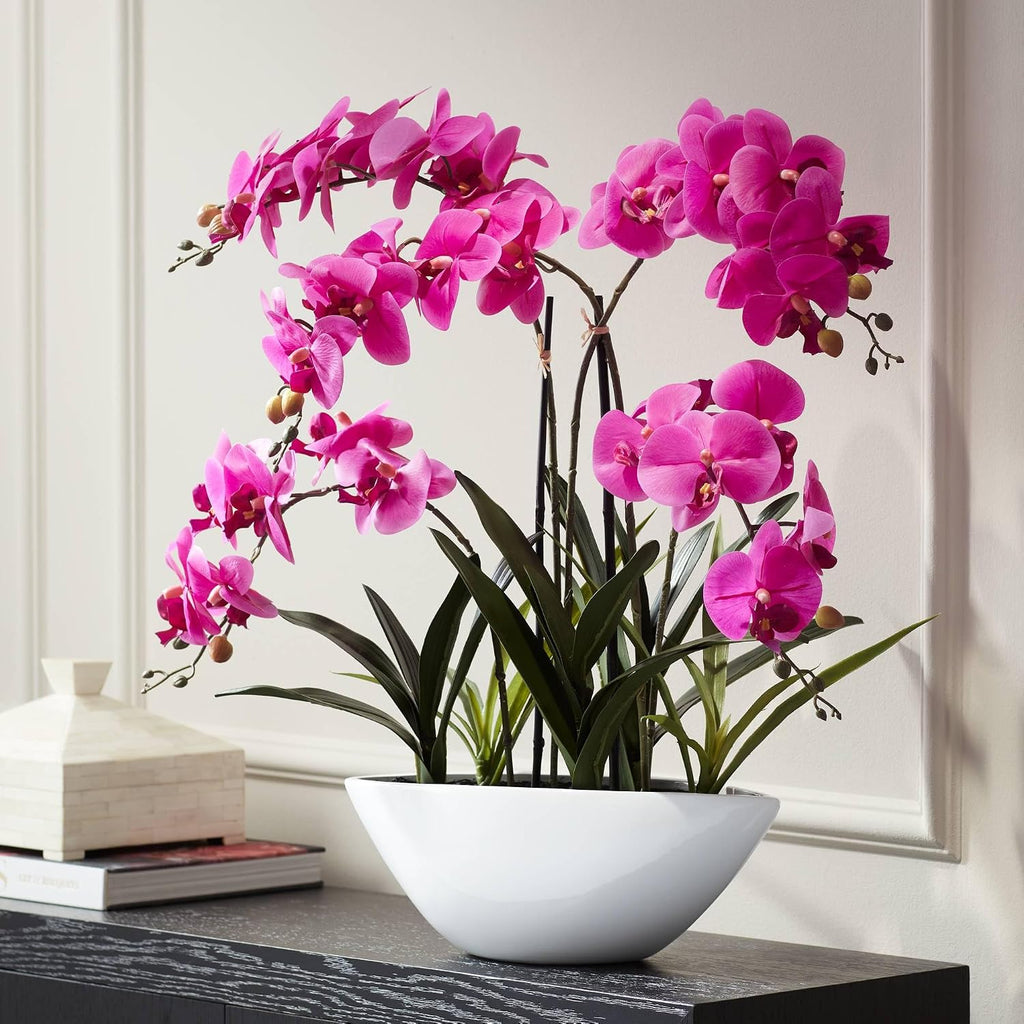 Potted Silk Faux Artificial Flowers Arrangement Realistic Pink Orchid in White Ceramic Oval Pot for Cottage Core Home