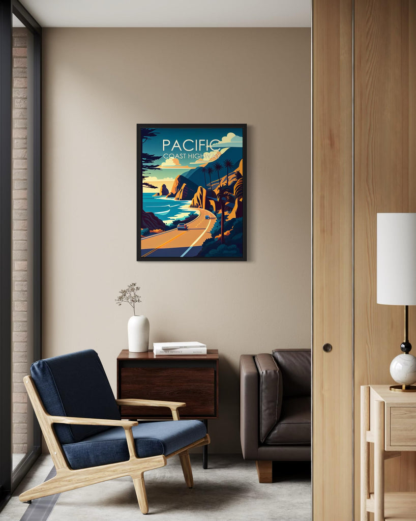 Pacific Coast Highway Black Framed Poster Print, Retro City Mountain and Lake Landscape Artwork, Wall Vintage Decor