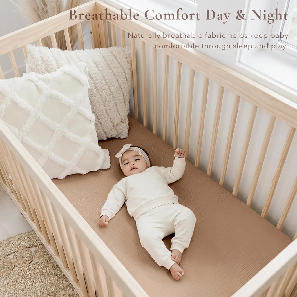 2 Pack Muslin Crib Sheets for Standard Crib Mattress, 52" x 28" | 100% Cotton, Soft & Breathable, 360° Elastic Snug