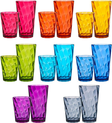 Optix Plastic Reusable Drinking Glasses (Set of 16) 14oz Rocks & 20oz Water Cups in Jewel Tone Colors | BPA-Free