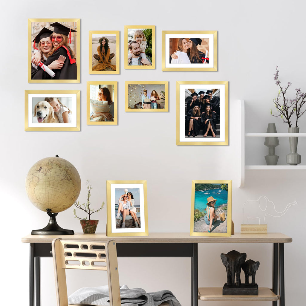 10 Pack Picture Frames Collage Wall Decor for Mounting or Tabletop Display, Gallery Wall Frame Set with Two 8x10 Gold