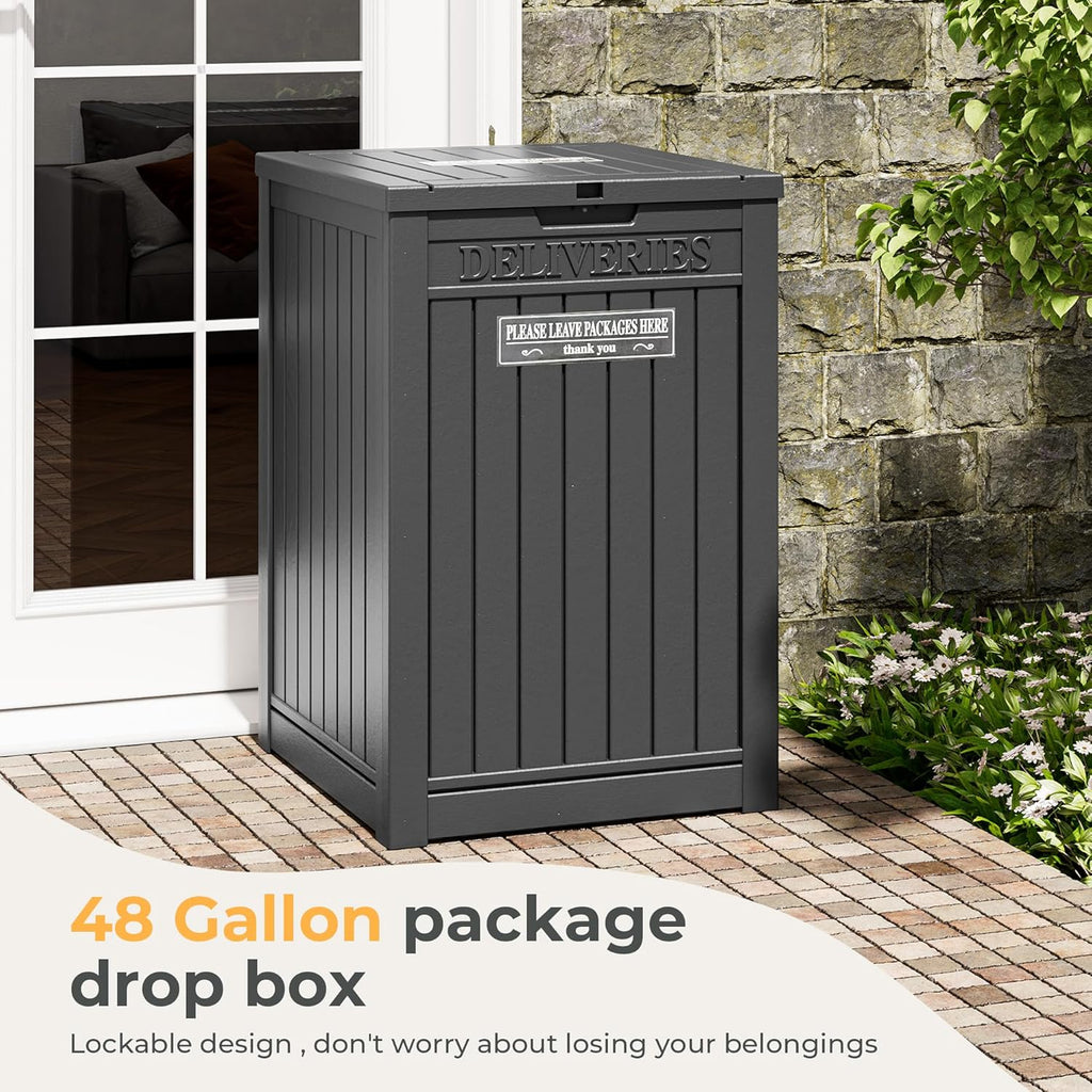 Package Delivery Box With Sign, Lockable Outdoor Storage Box Waterproof Deck Box