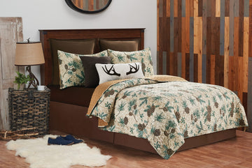 Rustic Pinecones & Needles Quilt Set Lodge Cabin Bedding w/ Sham